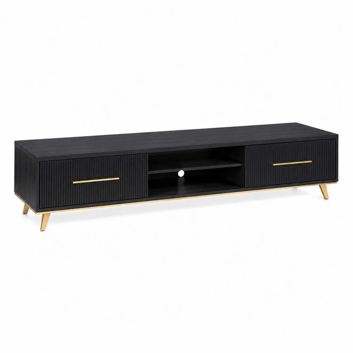 Czarny stolik RTV z MDF złote nogi 160x40x45 cm