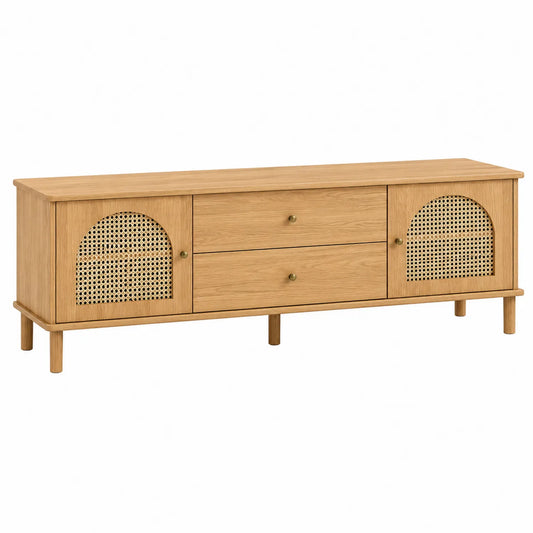Szafka RTV drewniana z rattanu jasnobrązowa 150x40x50 cm