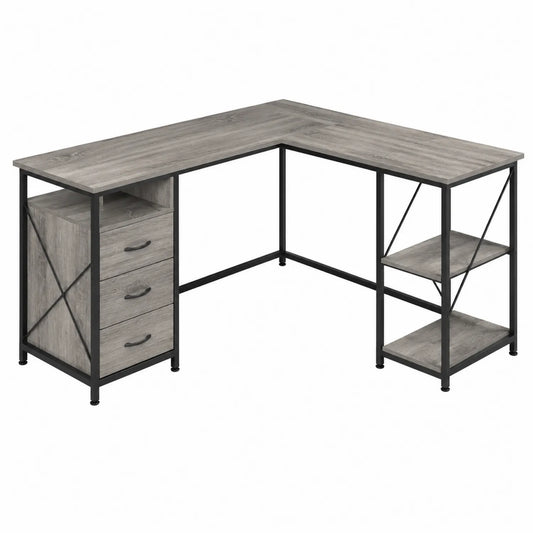 Biurko narożne L z szufladami i półkami metal drewno szare 150x120x75 cm
