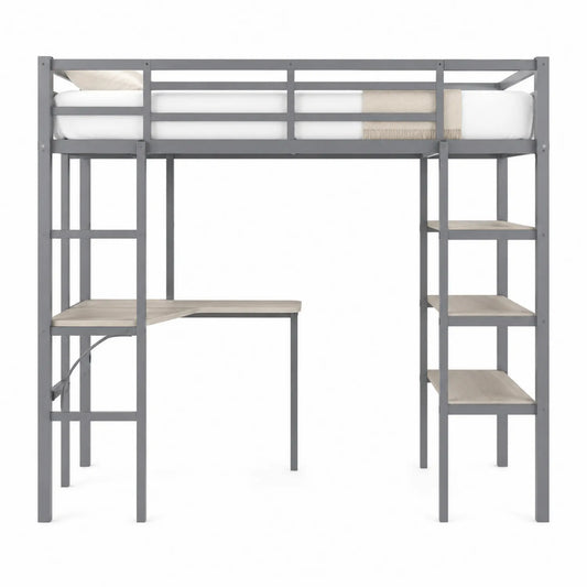 Łóżko piętrowe z biurkiem metalowe szaro-brązowe 200x90 cm